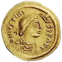 1 Tremissis In the name of Justinian I, Crossed tassels, straight
