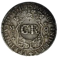 6 Shillings 8 Pence - George II FERDND VI D G HISPAN ET IND REX, royal crown, Mexico City, countermarked