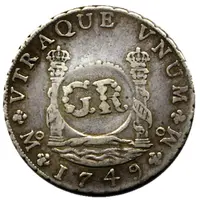 6 Shillings 8 Pence - George II FERDND VI D G HISPAN ET IND REX, royal crown, Mexico City, countermarked