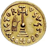 Solidus in the name of Justinian II hand at left