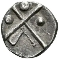 Drachm with cross, early series with dolphins wicks in balled commas, axe and globules