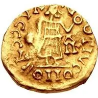 1 Tremissis In the name of Justin I, Lyon, with monogram to the right