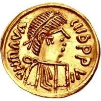 1 Tremissis In the name of Maurice Tiberius, Victory with crude face and helmet-hair, band curved down