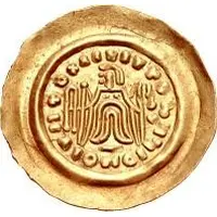 1 Tremissis In the name of Maurice Tiberius, Victory with crude face and draped hair, stubby tassels