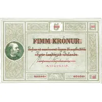 100 Krónur Íslands Banki, provisional issue, overprint on 5 Krónur note