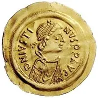 1 Tremissis In the name of Justin II, Victory facing left, small ribbon